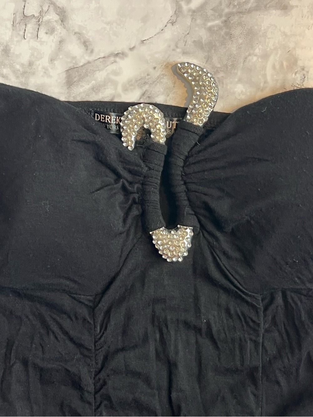 Derek Heart Couture Strapless BodyCon Black Ruched Dress with Diamond Accent - Picture 4 of 5